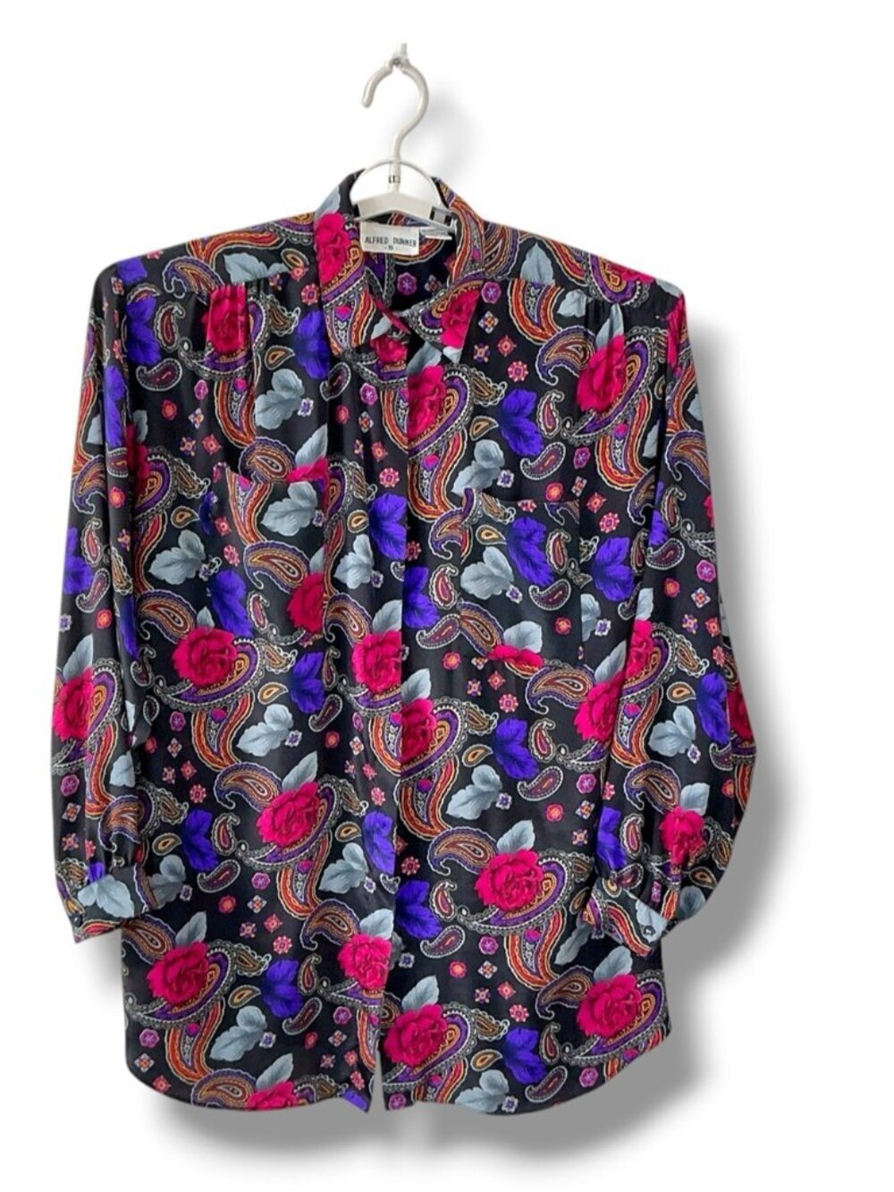 Alfred Dunner Silky Blouse Paisley Concealed Button Up Long Sleeve Black Plus 16
